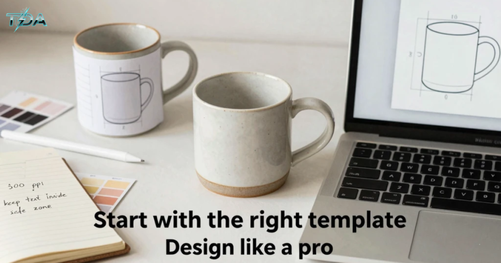 Flat-lay workspace showing mug design process: laptop displaying mug template with safe zones, blank ceramic mug, paper test wrap around a second mug, stylus, notebook with design notes like "300 ppi" and "safe zone," color swatches, and soft natural lighting. Educational scene reinforcing step-by-step mug design guide.

