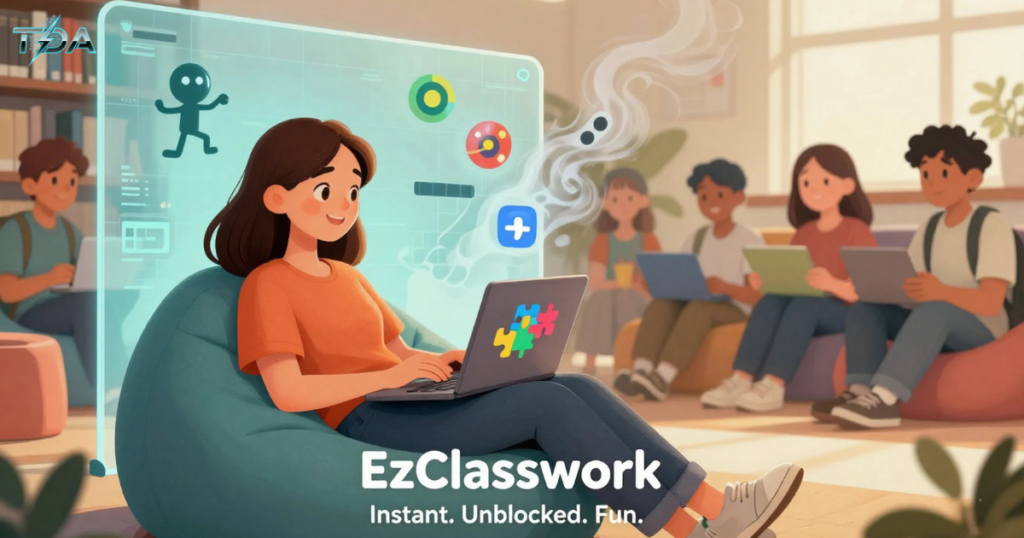 Colorful digital illustration showing a student playing EzClasswork unblocked games on a laptop in a bright classroom, with floating game icons like puzzle pieces, a swinging stickman, and a spinning core ball breaking through network barriers.

