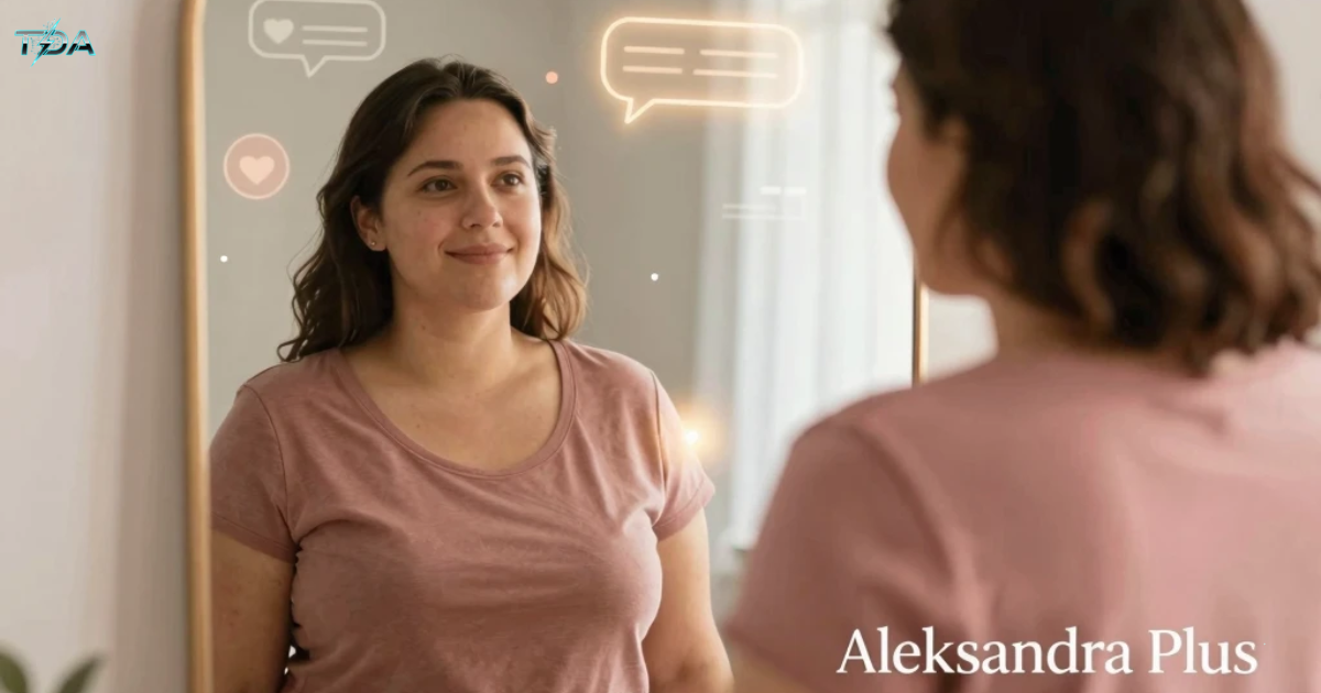 A confident woman stands before a warm, softly lit mirror, gazing at her reflection with a gentle smile. Her reflection appears slightly more radiant, symbolizing self-acceptance and personal growth. She wears stylish, size-inclusive clothing in earthy tones. Around the mirror, subtle floating heart icons and soft comment bubbles represent the supportive community and authentic engagement fostered by Aleksandra Plus. The scene conveys transformation, confidence, and the power of genuine connection.