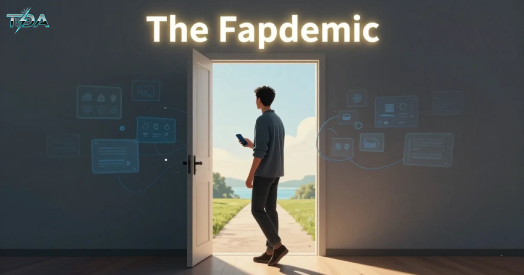 A man walks from a dark room with floating app icons and tangled blue threads into bright morning light and a calm landscape. Visual metaphor for overcoming the fapdemic, dopamine desensitization, and reclaiming motivation and focus from digital overstimulation.

