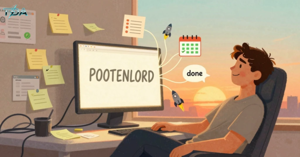 Split illustration showing a stressed freelancer on the left with messy desk and tangled cables, transforming on the right into a relaxed person with a glowing screen labeled "POOTENLORD", golden threads connecting to organized icons like a checklist and rocket. The image represents turning work chaos into productive success using the Pootenlord AI tool.