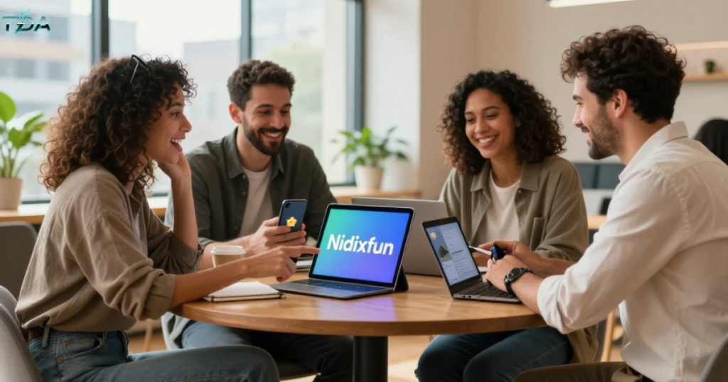 Photorealistic image of four diverse adults sitting around a wooden table in a bright co-working space. A tablet in the centre shows the word Nidixfun. One woman points at it, a man nods holding a phone with a gold star badge, another woman laughs at her laptop showing puzzle and speech bubble icons. Sunny window, plants, warm lighting. Professional brand campaign style.