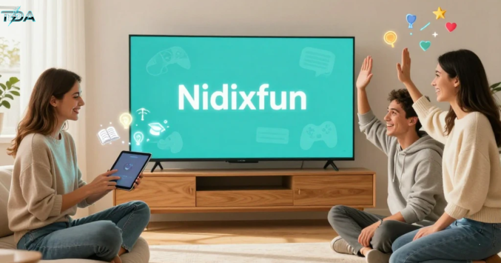 Realistic photo of a young woman on a sofa holding a tablet with floating holographic learning icons (book, lightbulb, graduation cap, paint palette). A large LED screen in the centre displays the word Nidixfun. Two friends high-five on the right with floating star and trophy badges. Warm, modern living room setting. No cartoon, photorealistic lifestyle image.