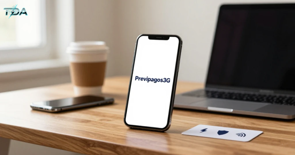 Previpagos3G payment app displayed on a smartphone screen in a professional desk setup, showing bold text and icons for instant money transfers, security, and mobile data