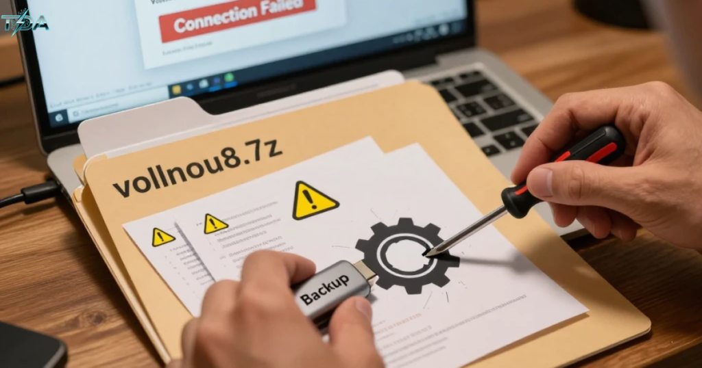 Troubleshooting Vollnou8.7z loading failure when connecting WToneCap 3.0.34 – human hands repair a cracked 7‑Zip archive folder on a desk with a laptop showing connection error.

